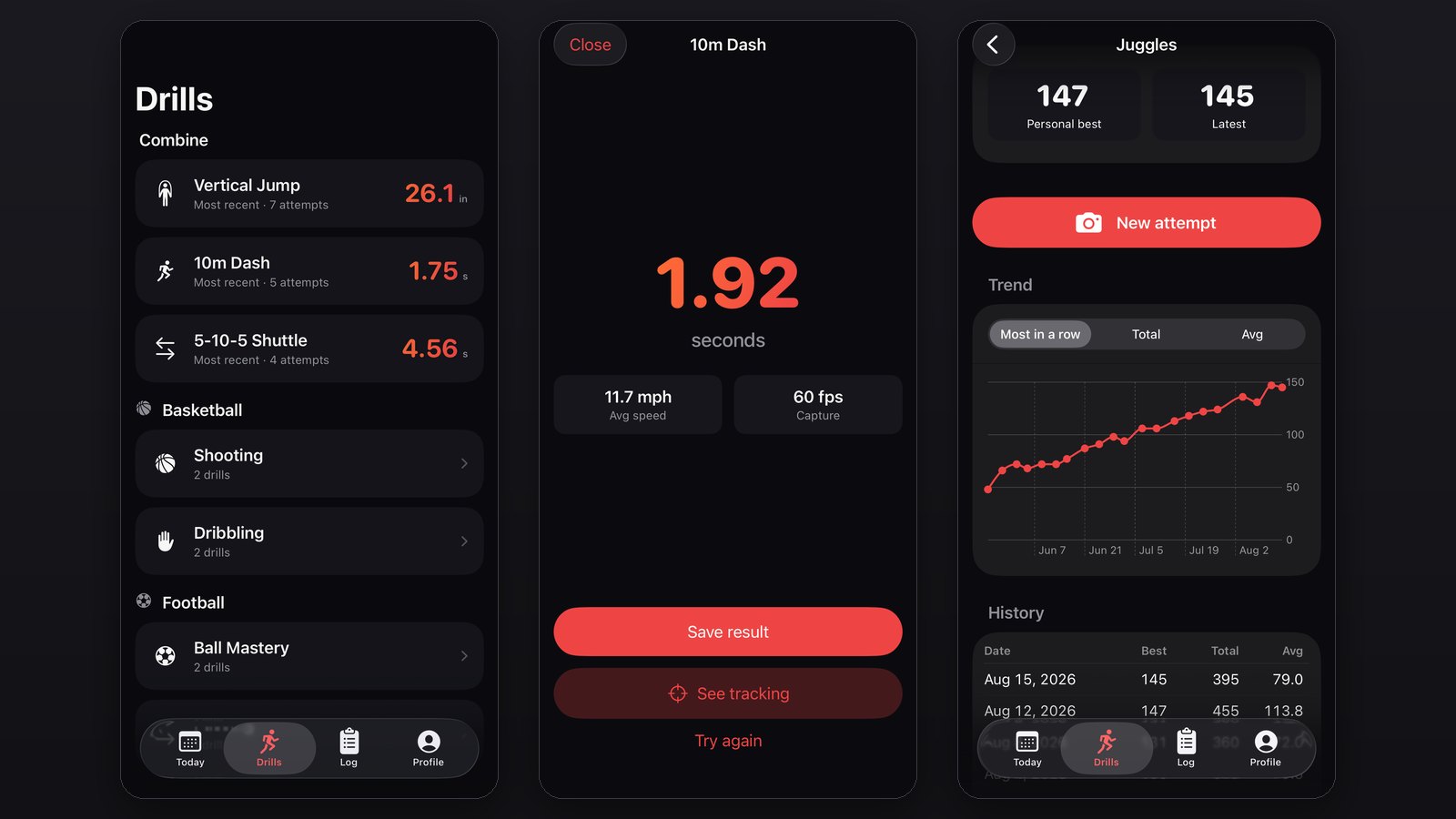 Three Parnon screens: the drill catalogue with vertical jump, dash and shuttle results, a 10m dash measured at 1.92 seconds, and a juggling personal best trending up over three months
